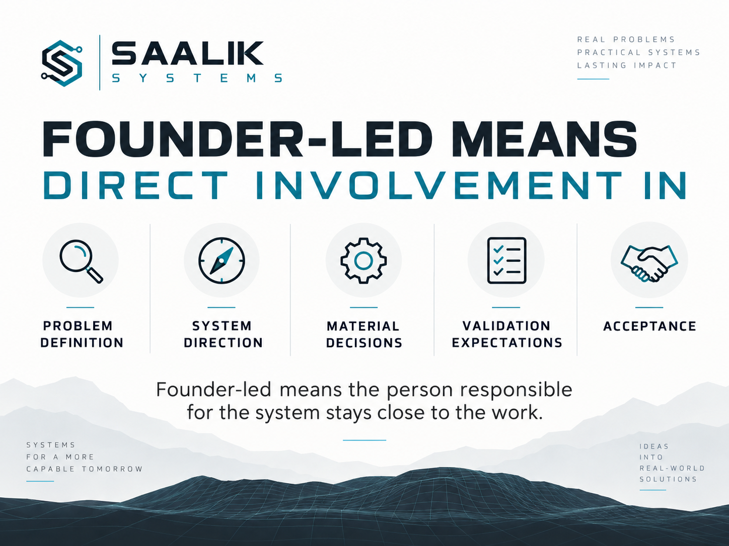 Founder-led direct involvement from problem definition through acceptance
